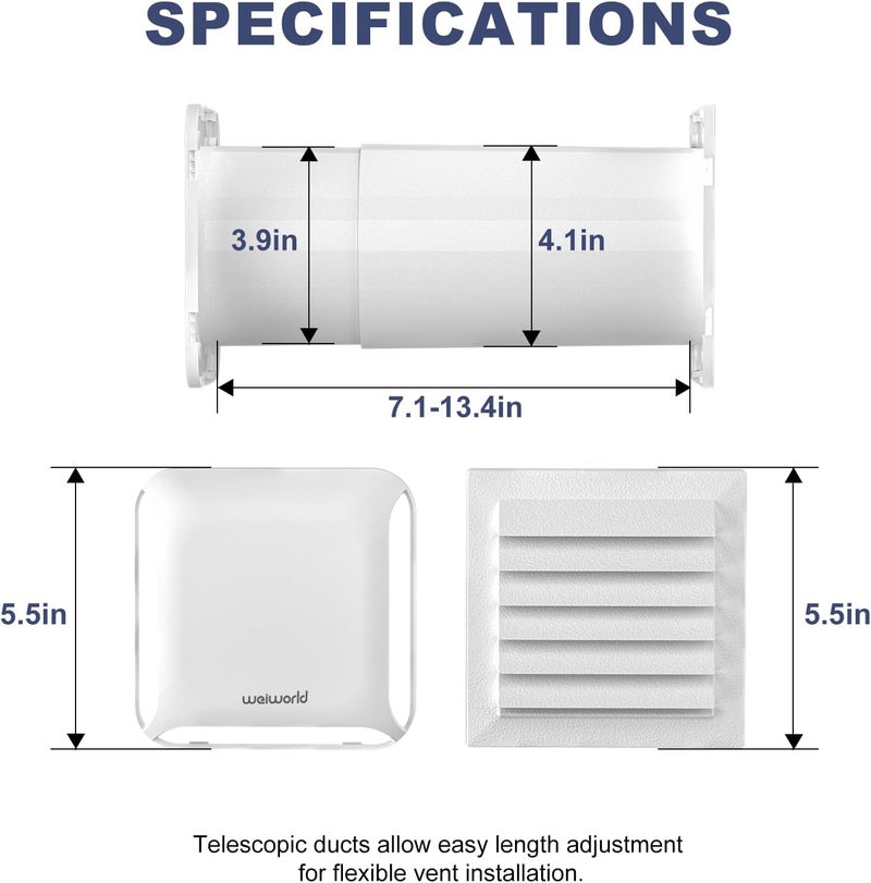 Weiworld 4 Inch Square Passive Air Vent, Adjustable Airflow Ventilation Kit with Extendable Duct - Natural Fresh Air Exchange for Home, Bedroom, Attic (No Motor) - Image 3